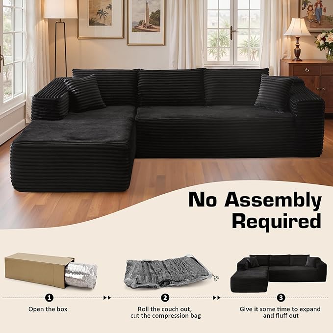 106" Cloud Sectional Couch with Chaise Lounge,L Shaped Modular Modern Sofa,Comfy Corduroy Fluffy Sofa with Deep Seat,No Assembly Required Couch for Living Room(Left,Plush Corduroy,Black)