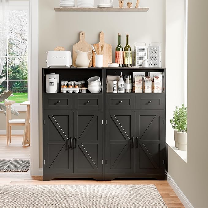 SUPER DEAL Farmhouse Storage Cabinet, Bathroom Floor Cabinet Kitchen Pantry with Doors and Drawers, Hutch Cupboard for Living Room, Bedroom, Laundry, Black