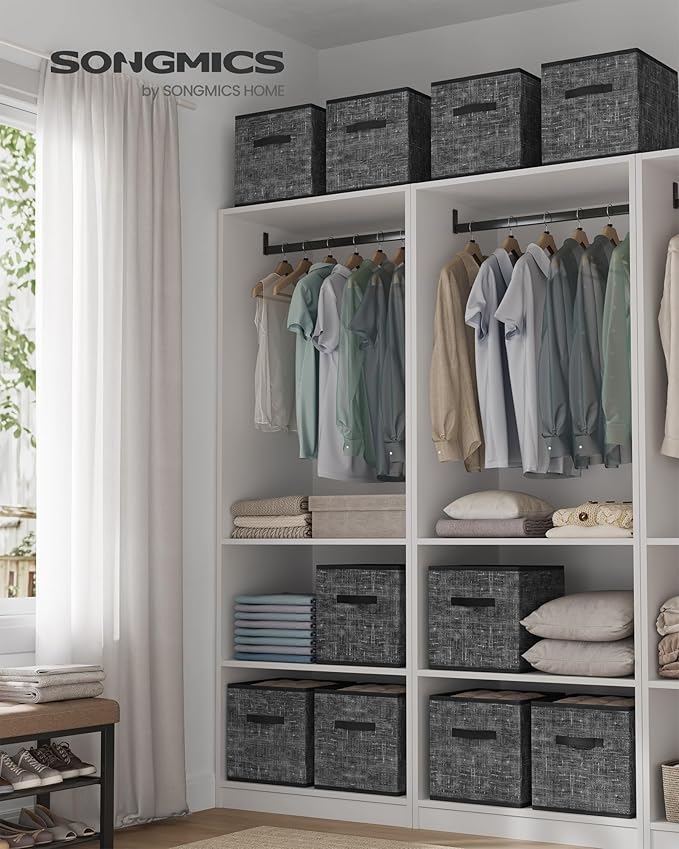 SONGMICS Storage Cubes, 13 x 13 x 13 Inches Non-Woven Fabric Bins with Double Handles, Set of 10, Closet Organizers for Shelves, Foldable, for Clothes, Ink Black UROB133B01