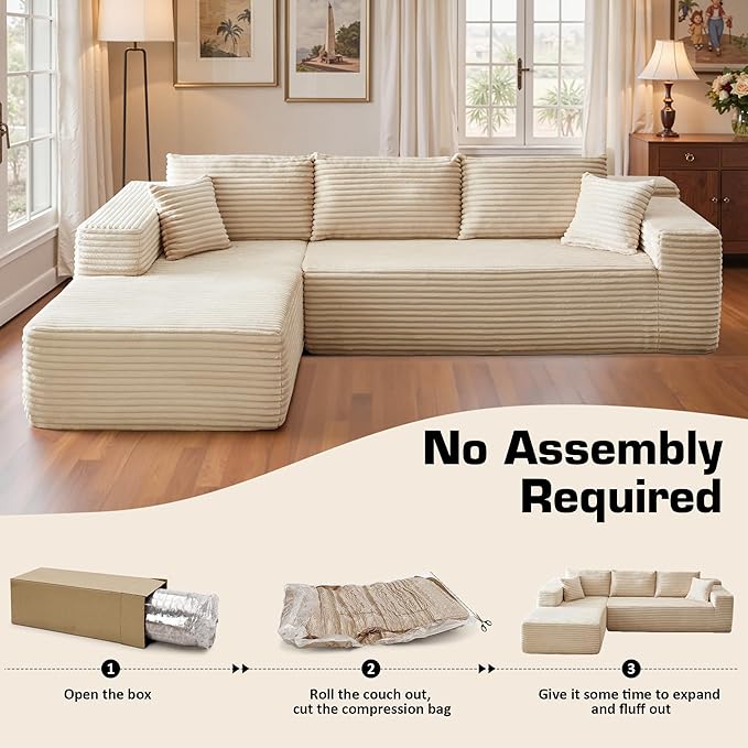 106" Cloud Sectional Couch with Chaise Lounge,L Shaped Modular Modern Sofa,Comfy Corduroy Fluffy Couches with Deep Seat,No Assembly Required Couch for Living Room(Left,Plush Corduroy,Beige)
