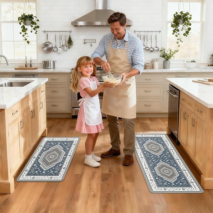 ArtyCozy 2 Piece Boho Kitchen Rug Set, Non-Slip Super Absorbent Kitchen Mats for Floor with Rubber Backing, Stain Resistant Runner for Hallway Laundry Holiday Decor, Blue, 20" × 32'' Plus 20'' × 47''