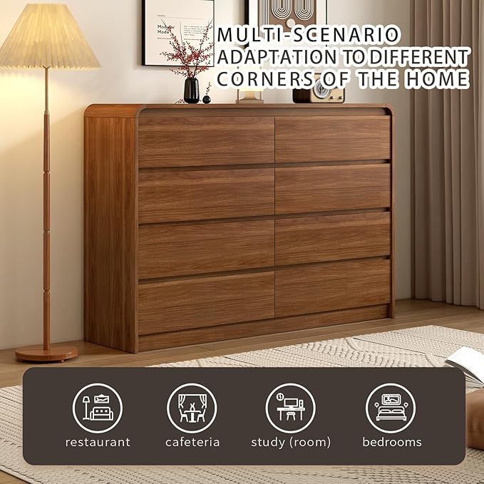 8 Drawer Dresser For Bedroom 55 Inch Wood Chest of Drawers - Curved Anti Collision, Mid Century Dresser For Closet with Natural Texture & Pre-Embedded Slots for TV Stand, Living Room, Nursery