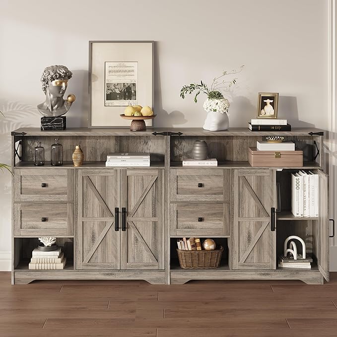 Fameill Farmhouse Storage Cabinet with Drawers and Open Storage,Freestanding Kitchen Pantry with 2 Barn Doors, Floor Cabinet with Adjustable Shelf for Living Room,Grey