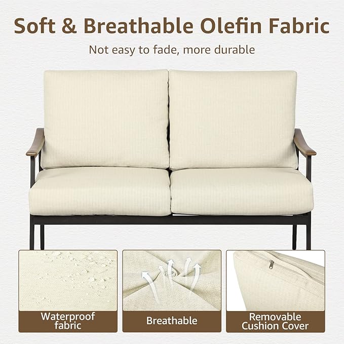 NATURAL EXPRESSIONS Patio Loveseat Sofa Outdoor Furniture Metal Chair with Wicker Backrest & 6 Inches Cushion for Indoor, Front Porch, Deck, Balcony, Backyard, 51.77"(L) x 29.75"(W) x 33.86"(H).