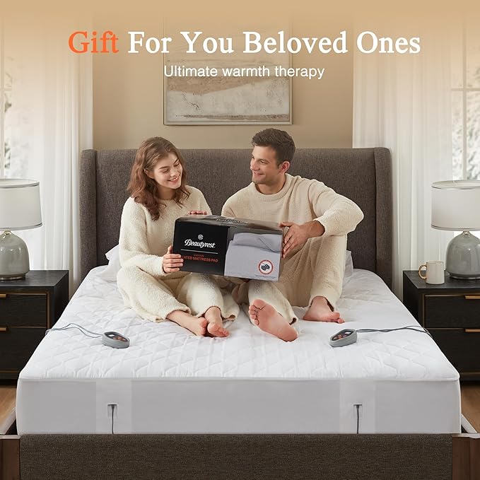 Beautyrest Cotton Heated Mattress Pad - Bed Warmer with 20 Heat Settings Controller, Auto Shut Off Timer, All Around Elastic Deep Pocket, UL Certified, Machine Washable, White Queen