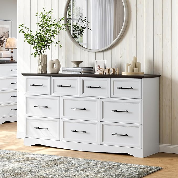 White Dresser for Bedroom, Farmhouse 10 Chest of Drawers, 59" Wide Chest of Drawers with Brushed Metal Handle, Wood Closet Organizers and Storage Cabinet for Bedroom, Living Room, Hallway
