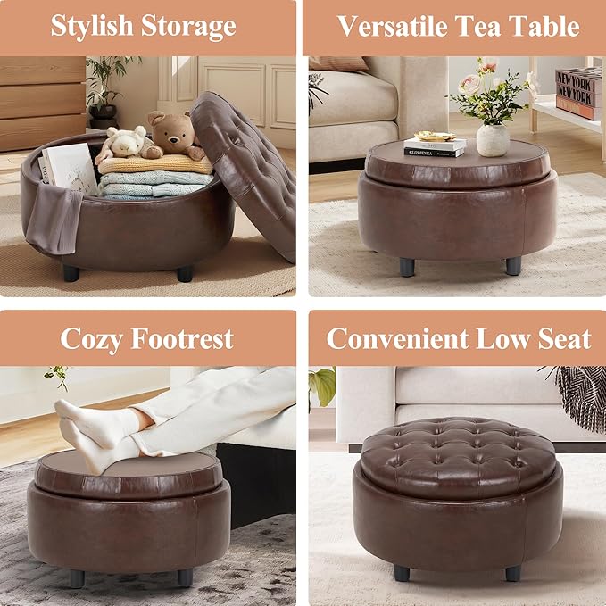 COLAMY Round Leather Storage Ottoman with Reversible Tray Lid – Multi-Functional Footrest, Hidden Storage, Sturdy & Stylish Small Coffee Table for Living Room, Bedroom, or Entryway(Brown)
