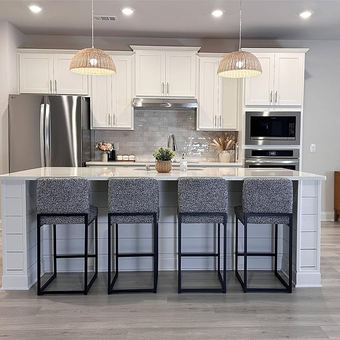 ALPHA HOME 24" Bar Stools Set of 2 Kitchen Counter Stools with Back, Counter Height Stools with Upholstered Footrest for Kitchen Island, Metal Steel Frame, Chenille, Gray