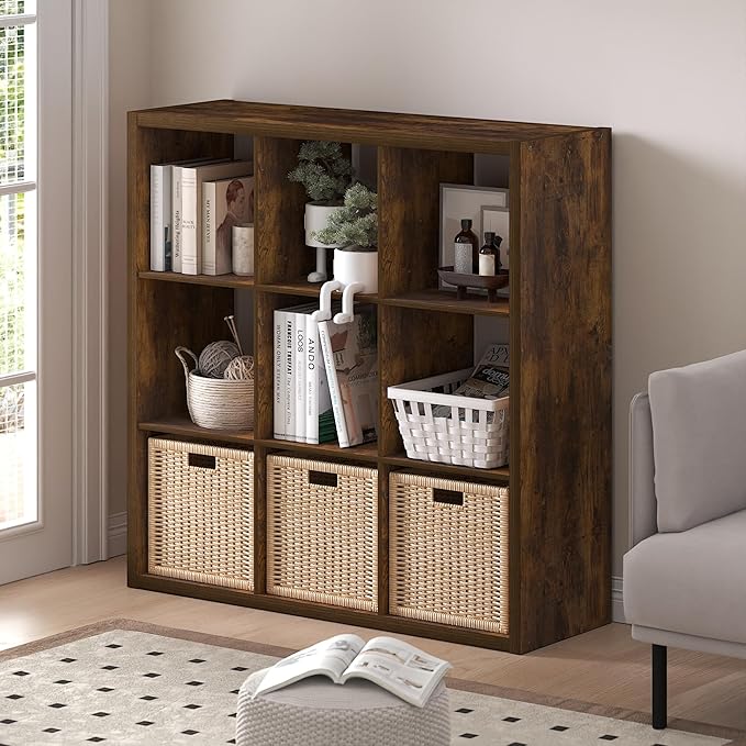Furinno Cubicle Book Shelf, 9-Cube Thick Frame Bookshelf, Reversible Bookcase with Open Back, 14.6 x 43.8 x 43.8, for Living Room, Bedroom, Home Office, Amber Pine