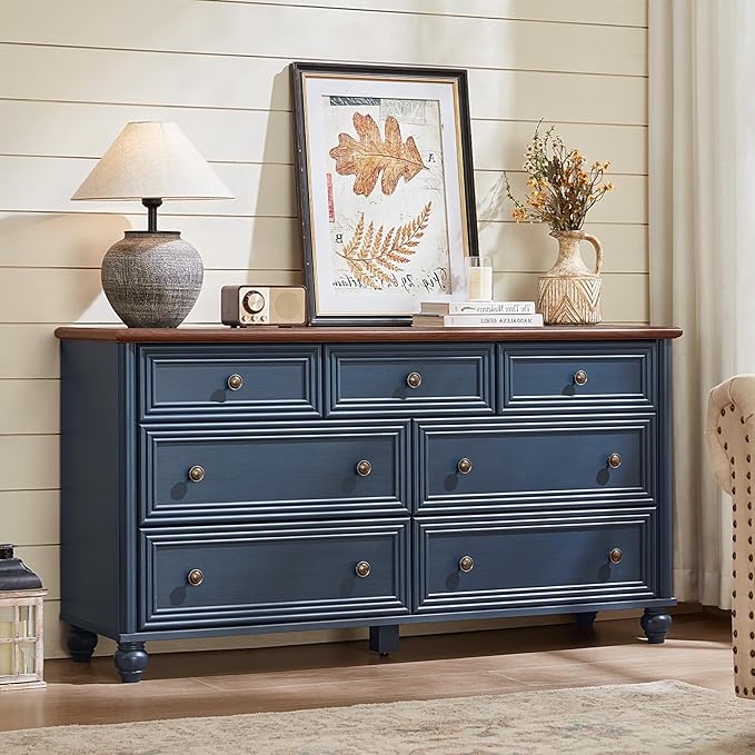 7 Drawers Dresser for Bedroom, Farmhouse 54" Wide Wood Dressers Chest of Drawers, Vintage Design TV Stand, Rustic Storage Dresser Organizer with Metal Handle Closet for Living Room, Hallway