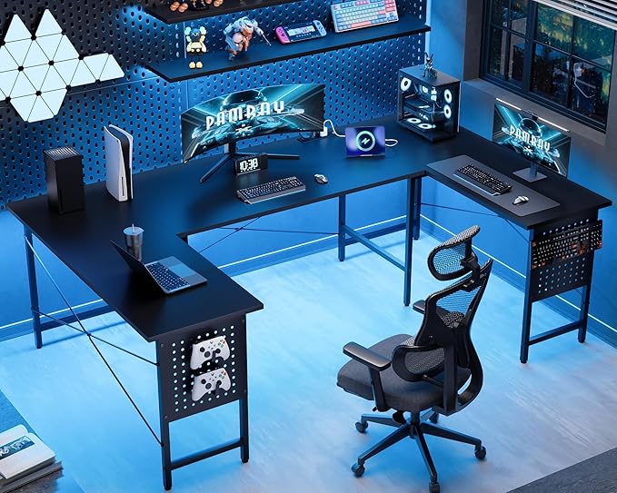 Pamray 71 Inch Large Computer Desk with Power Outlets,U Shaped Corner Desk for Home Office Work and Gaming Black