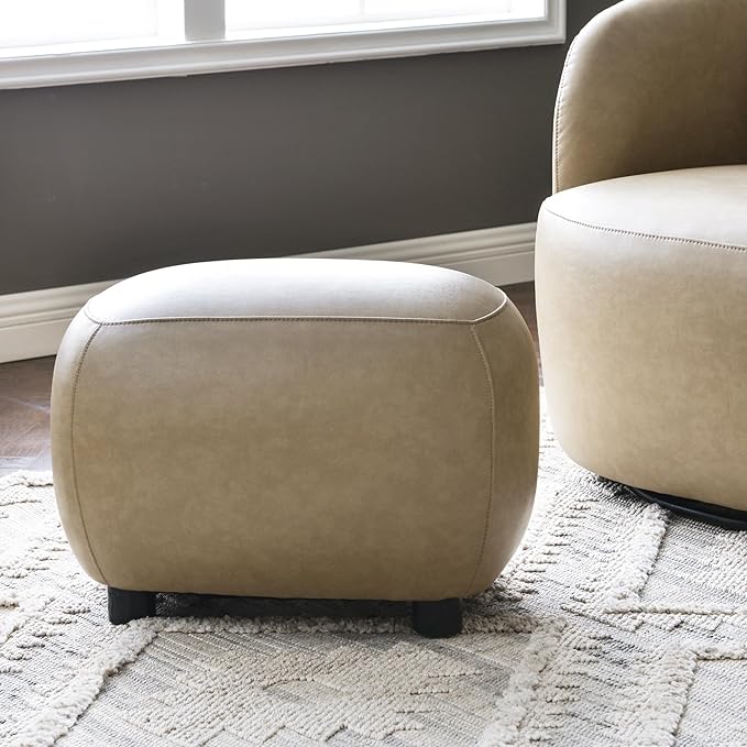 KINWELL 23" Wide Faux Leather Upholstered Ottoman, Mid-Century Modern Living Room Footrest with Soft Padded Seat, Footstool for Bedroom, Entryway or Living Room, Khaki