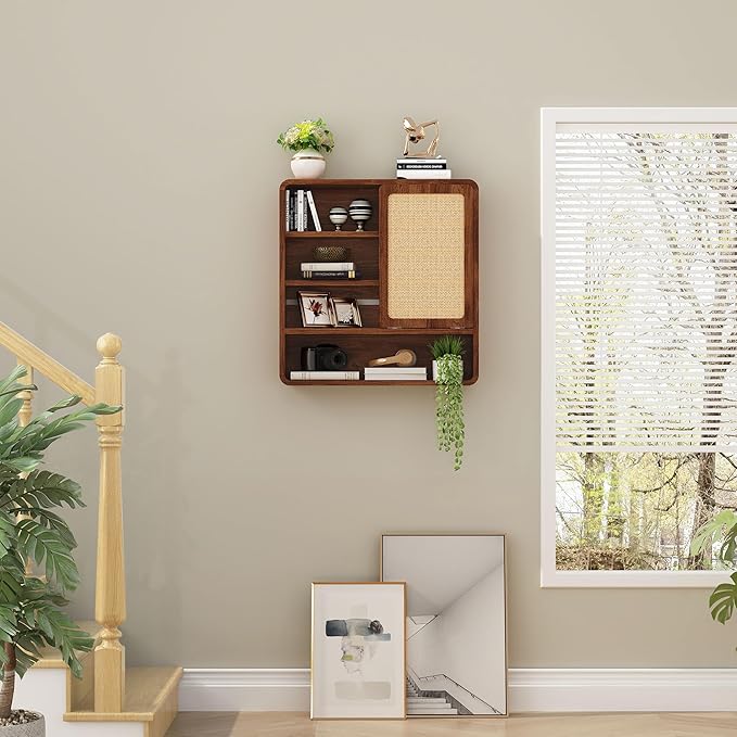 Wall Bathroom Cabinet with Flax Sliding Door, Wood Medicine Cabinet with Adjustable Shelf, Hanging Cabinet for Bathroom, Livingroom (Walnut1)