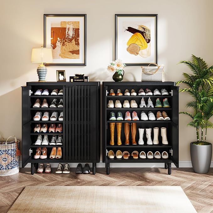 Tribesigns Shoe Cabinet with Shutter Doors, 6-Tier Entryway Shoe Cabinet with Adjustable Shelves, Wooden Modern Rack Organizer for Entryway, Hallway, Closet, Living Room, Black
