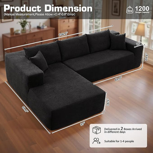 106" Cloud Sectional Couch with Chaise Lounge,L Shaped Modular Modern Sofa,Comfy Corduroy Fluffy Sofa with Deep Seat,No Assembly Required Couch for Living Room(Left,Stripe Corduroy,Black)