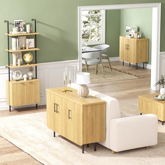 Set of 2 Fluted Natural Storage Cabinets, Modern 3-Door Sideboard Buffet Cabinet with Adjustable Shelves and Metal Legs, Accent Cabinet for Kitchen, Living Room, Entryway (Natural & Black)
