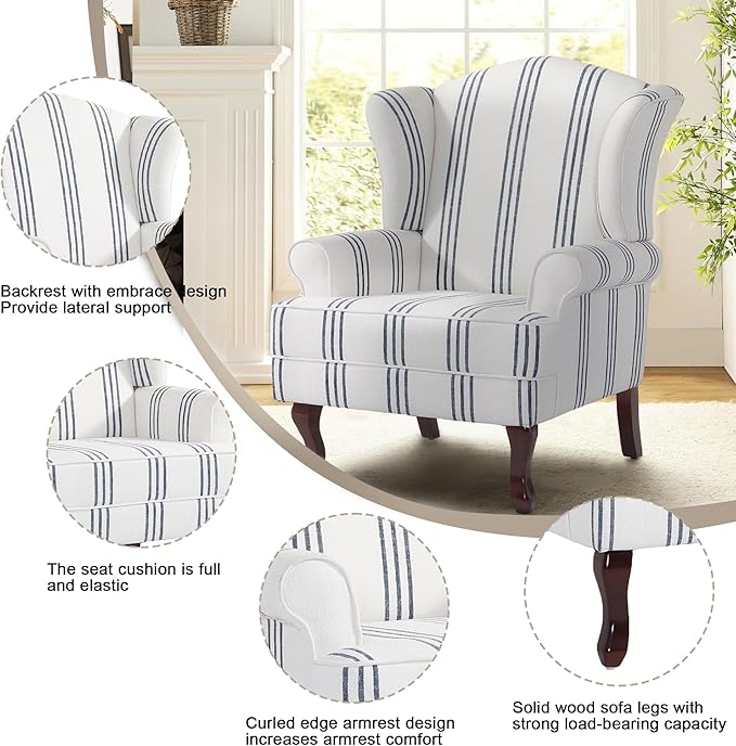 Pia Ricco Set of 2 Stripe High Back Accent Chairs: Upholstered Fabric Armchairs with Solid Wood Legs - Retro Living Room Pair, Comfy Reading Sofa Seats-Navy
