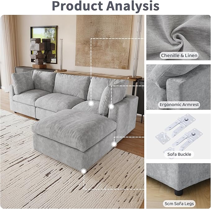 WJShome Cloud Sectional Couches for Living Room,100.5" Convertible Love Seat, 3 Seater Modular Sectional Sofa,Deep Seater Furniture Sets,Gray