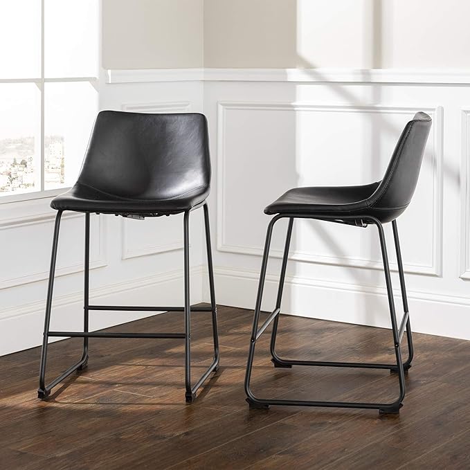 Walker Edison Douglas Urban Industrial Faux Leather Armless Counter Chairs, Set of 2, Black, 20"D x 18.5"W x 34.5"H
