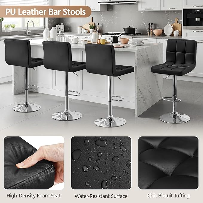 Yaheetech Bar Stools Set of 2, Adjustable PU Leather Swivel Barstools, Modern Counter Stools with Back and Footrest, Counter Height Barstools for Bar, Kitchen, Dining Room, Black