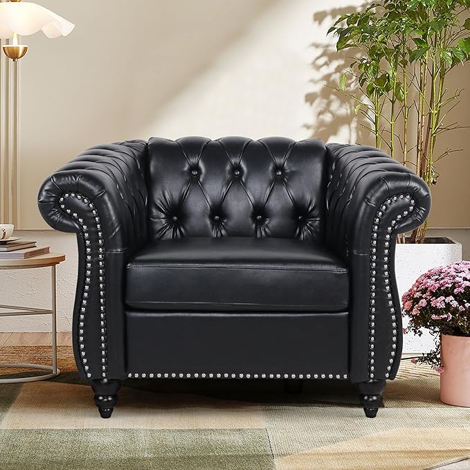 Faux Leather Sofa Couches Set, Modern Comfy Upholstered Couch with Cushions, Home Sofa Sectional Furniture Sets, 3-Piece Mid Century Tufted Chesterfield Couches for Living Room, Bedroom, Office