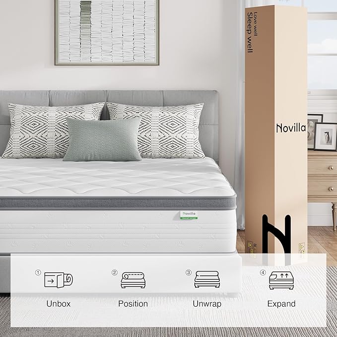 Novilla Queen Mattress 14 Inch, Hybrid Mattress Queen in a Box,Foam Innerspring Mattresses for Body Supportive & Pressure Relief, Comfort Pillow Top for Medium Firm Feel