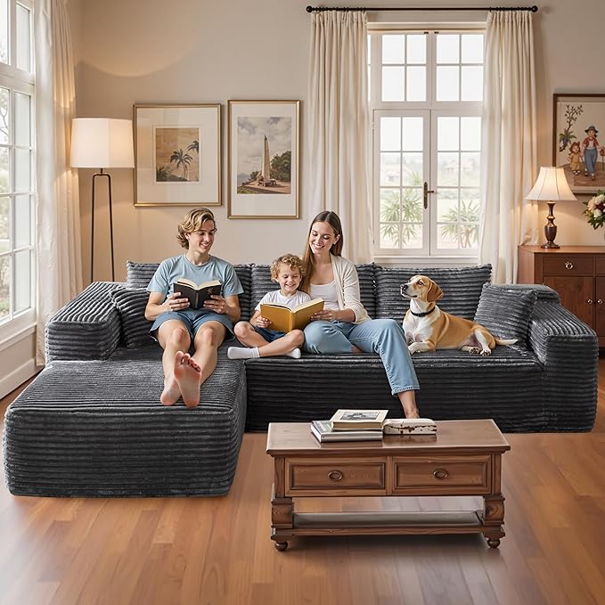 106" Cloud Sectional Couch with Chaise Lounge,L Shaped Modular Modern Sofa,Comfy Corduroy Fluffy Sofa with Deep Seat,No Assembly Required Couch for Living Room(Left,Plush Corduroy,Gray)
