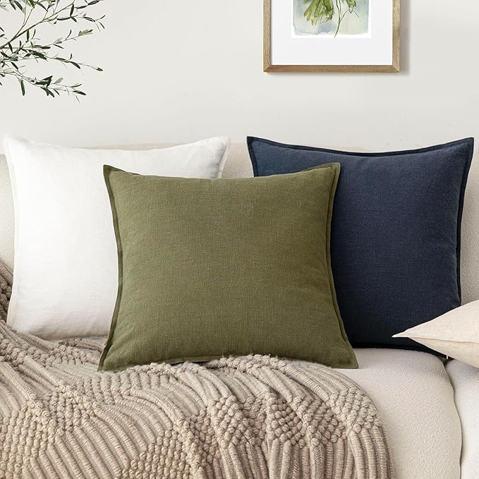 Foindtower Pack of 2, Decorative Linen Soild Throw Pillow Covers Soft Accent Cushion Case Boho Farmhouse Pillowcase for Chair Couch Sofa Bedroom Living Room Home Decor 22 x 22 Inch Olive Green