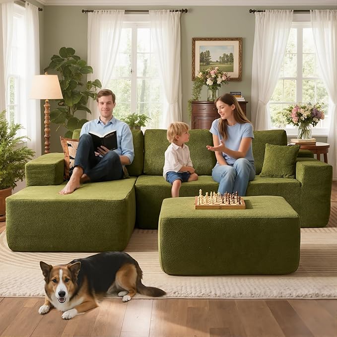106" Cloud Sectional Couch with L-Shape Chaise & Ottoman, No Assembly Modular Sofa, Deep Seat Corduroy Boneless Couched for Living Room (Green Cloudy Velvet, Left Facing Chaise with Ottoman)