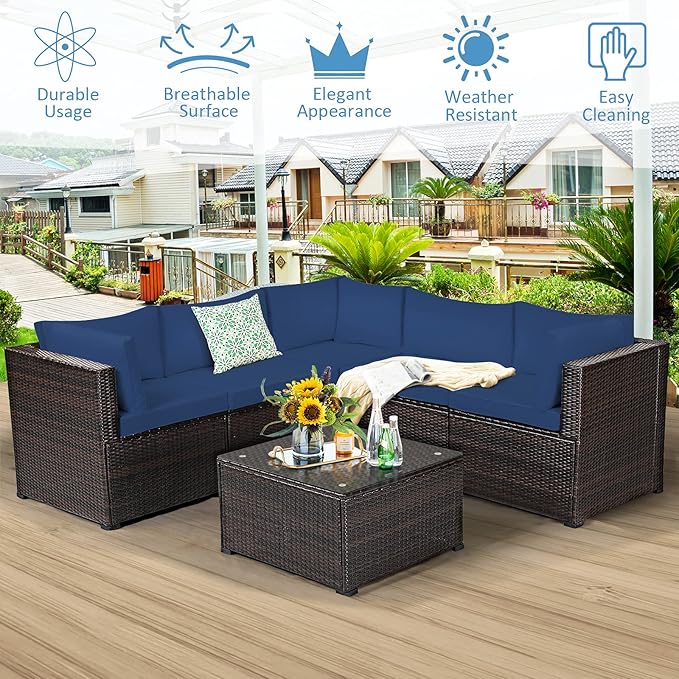 Tangkula 6 Pieces Patio Furniture Set, Outdoor Rattan Sofa Set, Wicker Conversation Set w/Tempered Glass Coffee Table & Cushions, Sectional Sofa Set for Backyard, Garden, Balcony, Poolside