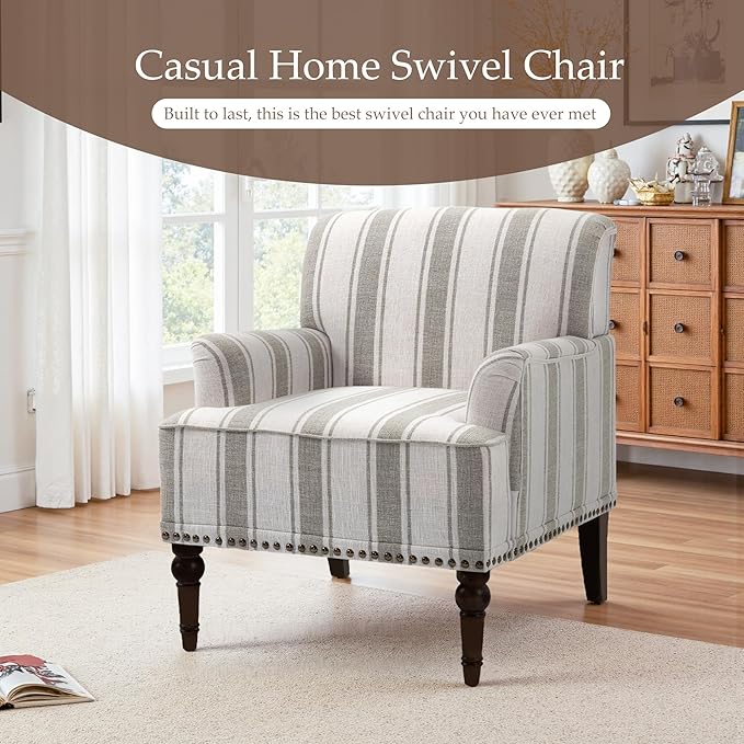 Pia Ricco Stripe Accent Chair-Modern Nailhead Trim & Wood Legs Armchair - Comfy Living Room, Bedroom, or Home Office Seating-Brown