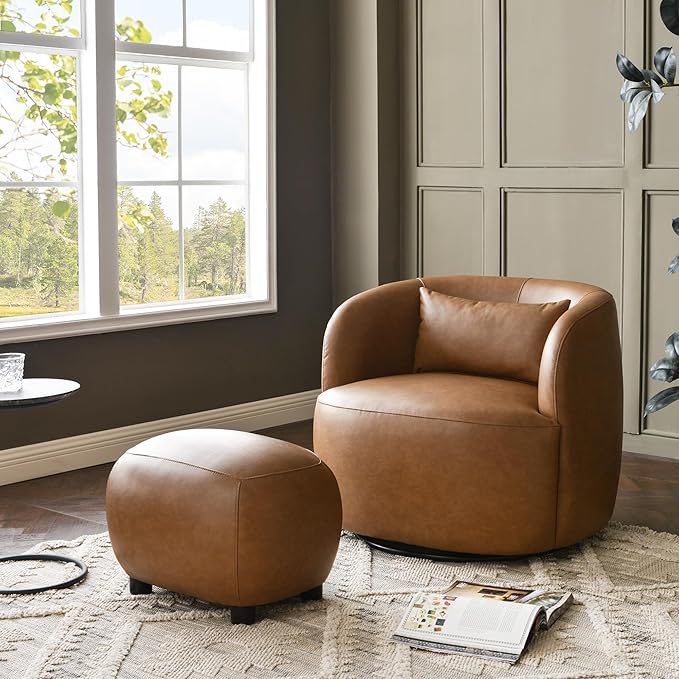 KINWELL 23" Wide Faux Leather Upholstered Ottoman, Mid-Century Modern Living Room Footrest with Soft Padded Seat, Footstool for Bedroom, Entryway or Living Room, Camel