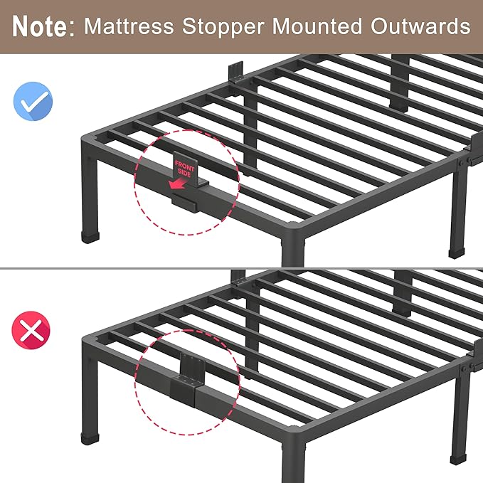 ROIL 14 Inch White Queen Bed Frame with Rounded Corner and Headboard Hole Mattress Retainers 3500LBS Heavy Duty Steel Slats No Box Spring Needed Platform Noise-Free Easy Assembly