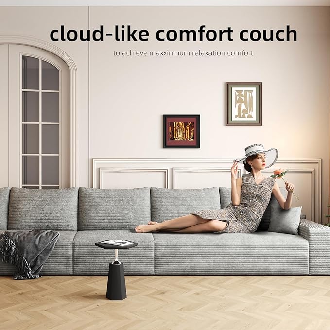 107.5" Cloud Modular Sectional Sofa with L-Shape Chaise, Modern Upholstered Couches for Living Room, Deep Seat Boneless Couch, No Assembly Required, Plush Corduroy Fabric (Grey, Right Facing Chaise)