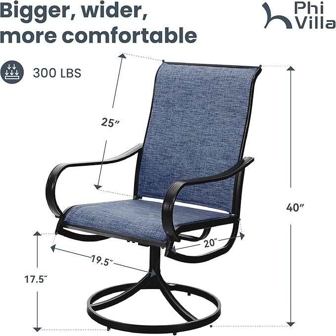 PHI VILLA Patio Swivel Dining Chairs Set of 6, All Weather Outdoor Chair with Textilene Mesh Fabric & Black Metal Frame for Outdoor Lawn Garden Poolside (Blue)
