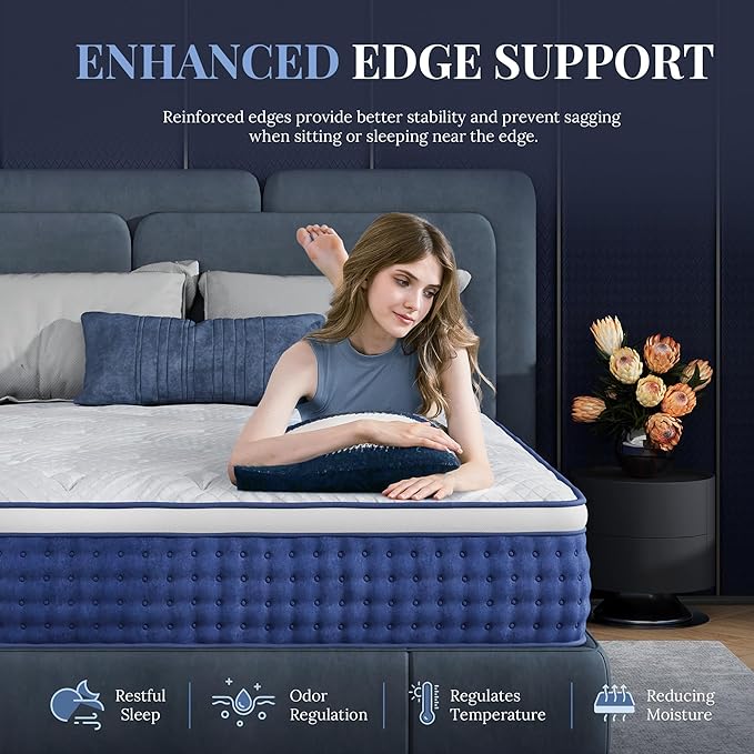 Queen Size Mattress, 10 Inch Queen Size Hybrid Mattresses in a Box, Medium Feel Foam and Individual Pocket Springs, Fiberglass Free Bed Mattress, Extra Edge Support, Pressure Relief, CertiPUR-US, Blue