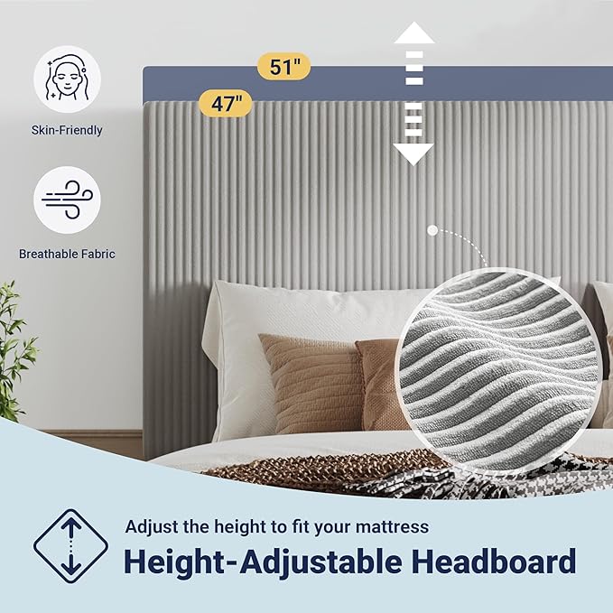 Allewie King Size Upholstered Bed Frame with Vertical Channel Tufted Headboard, Soft Corduroy Fabric Platform Bed, Strong Wooden Slats Support, Easy Assembly, No Box Spring Needed, Light Grey