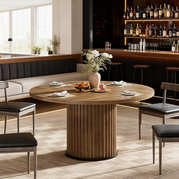 Tribesigns Round Dining Table for 4-6, 47-Inch Modern Circle Kitchen Table with Fluted Round Base, Farmhouse Wood Dinner Table for Dining Room, Kitchen, Living Room, Brown