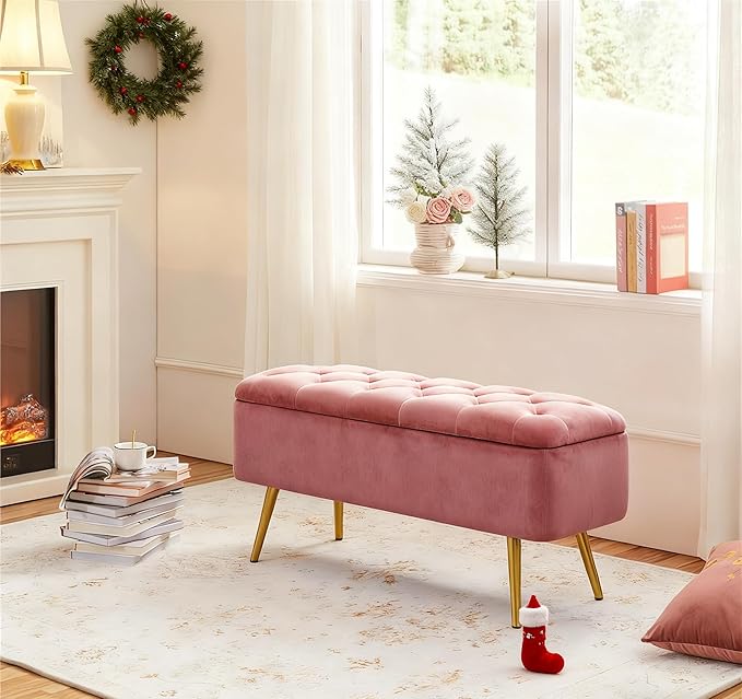Yaheetech Ottoman with Storage, Velvet Entryway Bench with Safety Hinge, Upholstered Bench with Seating for Bedroom, Living Room, Holds up to 519 lb, Pink