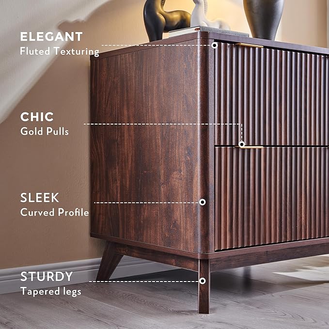 T4TREAM Fluted File Cabinet, 30" Lateral File Cabinet w/Files Hanging Rod for Letter/Legal/A4, Large Tabletop for Printer, Wood Filing Cabinets for Home Office, Walnut