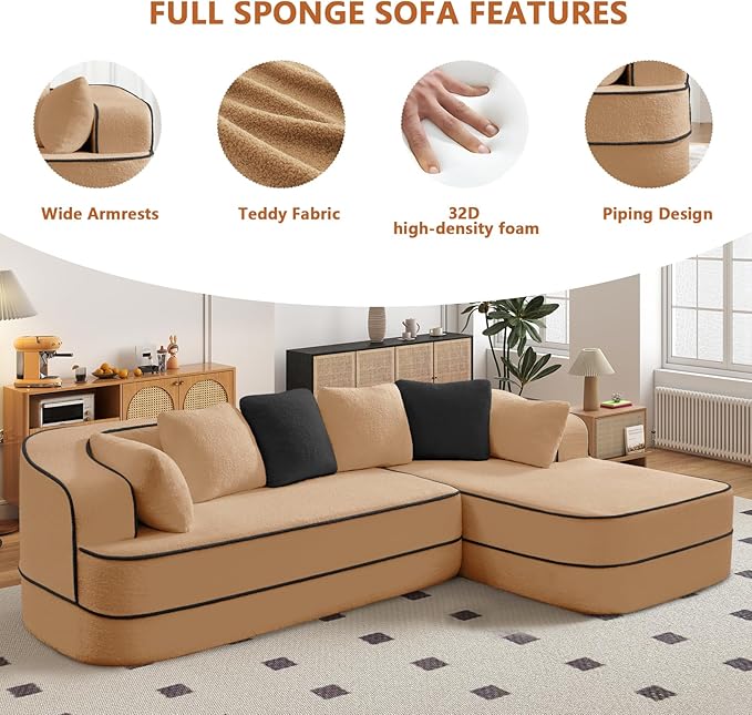 Cloud Sectional Sofa Modern Boneless Couch for Living Room, Comfy Deep Seat Comfy Teddy Fabric Double Sofa Chaise No Assembly Required (Camel, 106" L Shape with Right Facing)