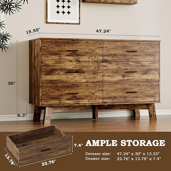 Dresser for Bedroom with 6-Drawer, 47.3" Modern Chest of Drawers with Metal Handles, X-Shape Base & Adjustable Center Leg, Anti-Tip Closet Organizers and Storage