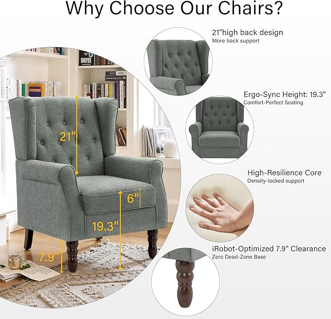 Lumibee High Back Accent Chair,Upholstered Wingback Armchair with Solid Wood Legs for Small Spaces,Comfy Single Sofa Chair for Living Room,Bedroom,Office-Gray