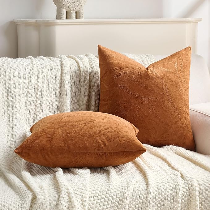 FUTEI Rust Velvet Throw Pillow Covers 20x20 Inch Set of 2,Soft Embossed Leaf-Relief Textured Cushion Cases,Natural Home Decor for Couch Living Room