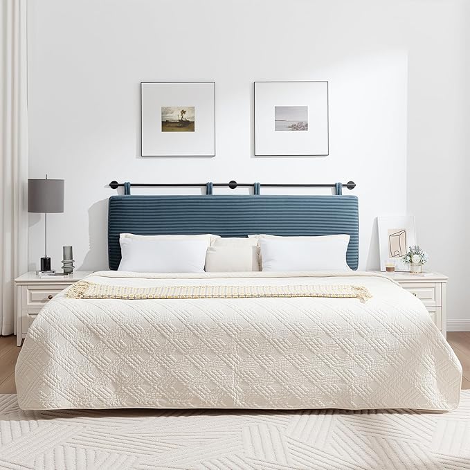 UEV Queen Headboard Only, Wall Mounted Hanging Upholstered Bed Head Board, Modern Vertical Channel Design of Fine Flannel, Elegant Blue Fluted Headboard for Bedroom (Lake Blue, Queen Size)