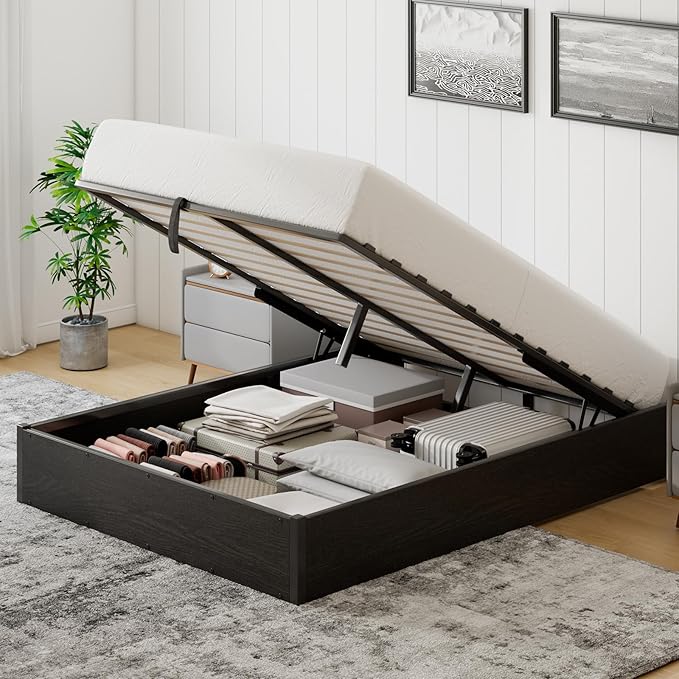 Queen Size Lift-Up Storage Platform Bed Frame, Metal Bed Frame with Wooden Slats Support, Spacious Underneath Storage, No Box Spring Required, Noise-Free, Black
