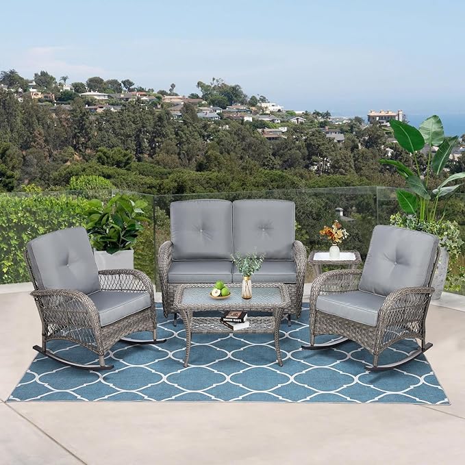 VIVIJASON 5-Piece Outdoor Patio Wicker Conversation Sets, All Weather Outdoor Rattan Furniture Set Includes Glider Loveseat, 2 Coffee Table, 2 Rocking Chairs with Cushions for Backyard, Grey