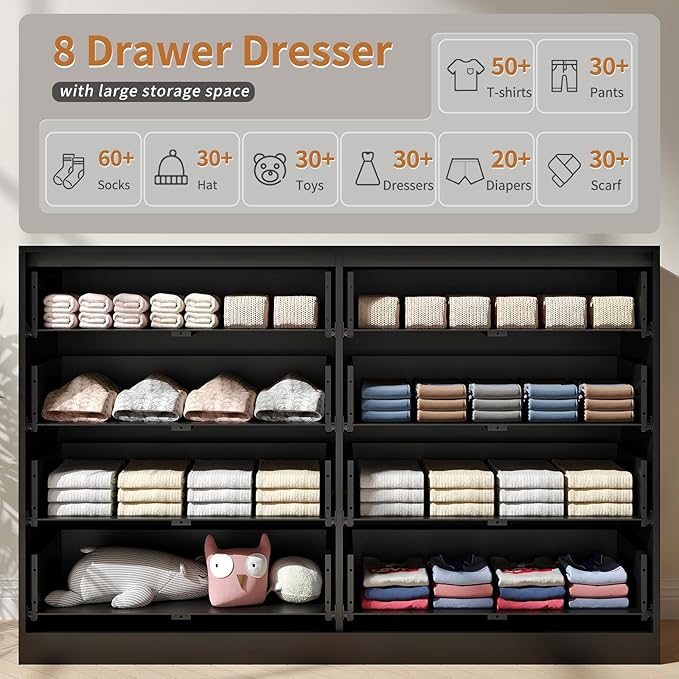 Black Dresser for Bedroom with 8 Drawer, 55” Wide Fluted Double Drawer Dresser Modern Chest of Drawers with Gold Handle, Wood TV Stand for Bedroom, Living Room, Black
