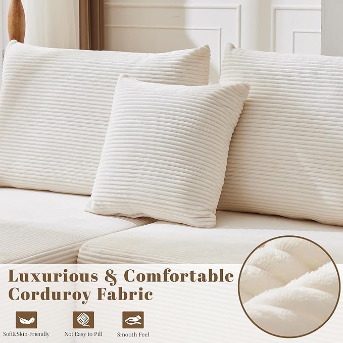 107" Cloud Sectional Couch, Modular Sectional Sofa with L-Shape Chaise, Corduroy Boneless Couch with Deep Seat, Upholstered Sofa for Living Room, No Assembly Required(Right-Facing Chaise, White)