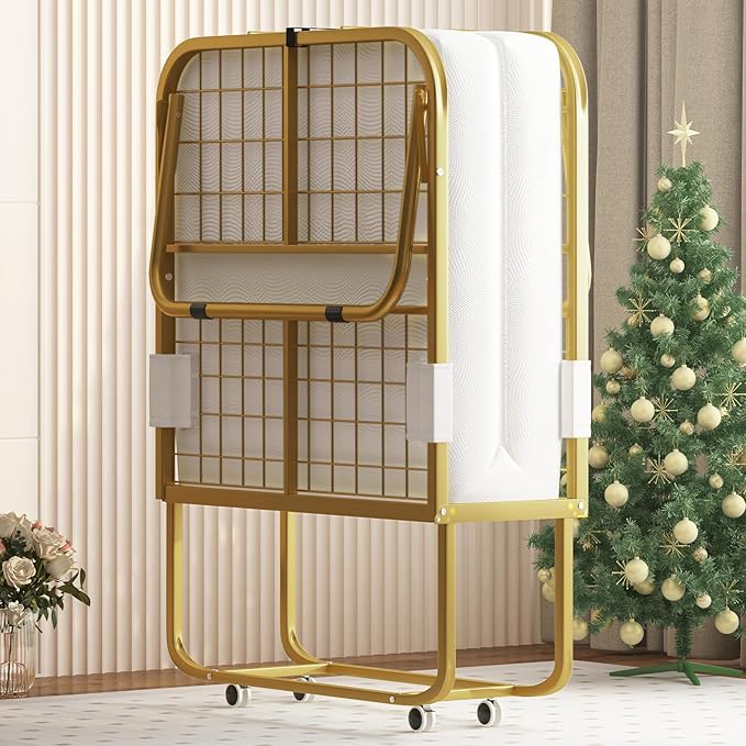 Mjkone Folding Bed with 4-Inch Mattress, 75x31 Inch Portable Rollaway Bed for Adults, Space Saving Design & Locking Wheels